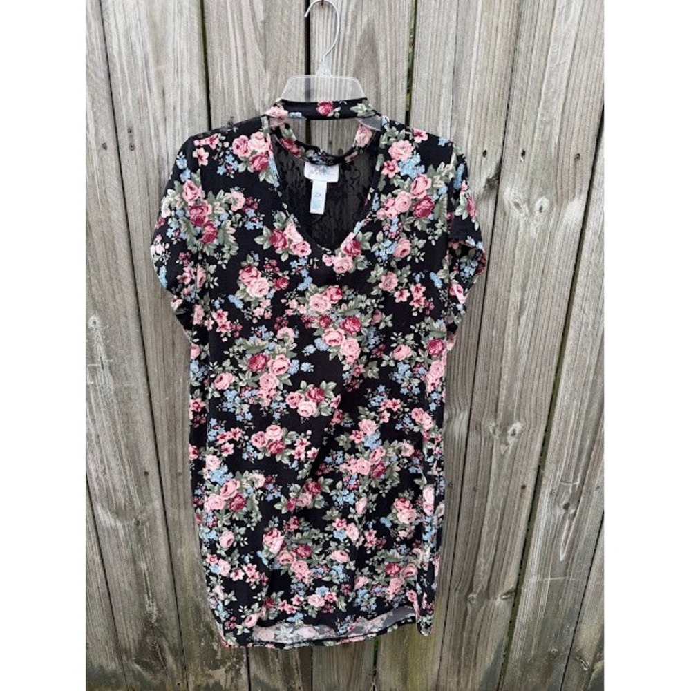 Floral Lace Choker Boho Just Be Mini Dress 2X Black Pink Rose Whimsigoth V-Neck